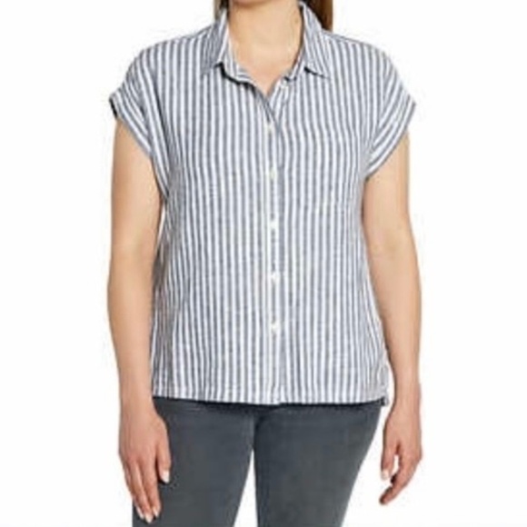 Orvis Tops - Orvis Ladies' Short Sleeve Linen Blend Shirt, Blue Stripe, X-Large NWT